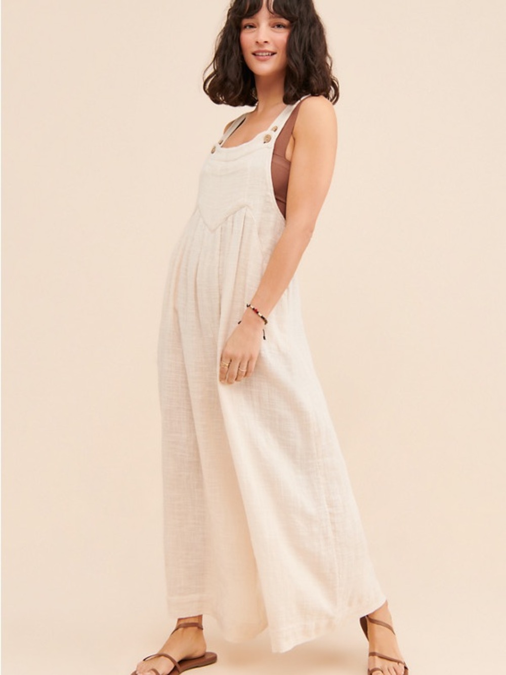 Free People Cream Linen-Blend Wide Leg Jumpsuit